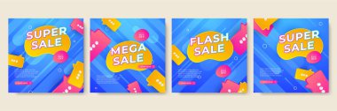 Sale and design background set with colorful abstract shapes. Special offer mega sale background template. Vector illustration promotion big super sale banner. Discount design for poster and web.