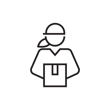 Courier woman delivery service icon with black outline style. Related to order tracking, delivery home, warehouse, truck, scooter, courier and cargo icons. Shipping symbol. Vector illustration