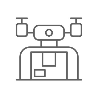 Drone shipping delivery service icon with black outline style. Shipping sign symbol. Related to order tracking, delivery home, warehouse, truck, scooter, courier and cargo icons. Vector illustration