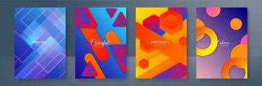 Set of color abstract geometric shapes poster background. Colorful gradient elements for minimal banner, logo, social post. Futuristic trendy dynamic A4 brochure banners. Abstract background.