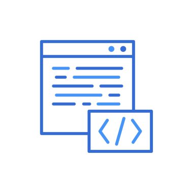 Code technology icon with blue duotone style. Computing, diagram, download, file, folder, graph, laptop . Vector illustration