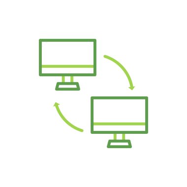 Sync technology icon with green duotone style. Computing, diagram, download, file, folder, graph, laptop . Vector illustration