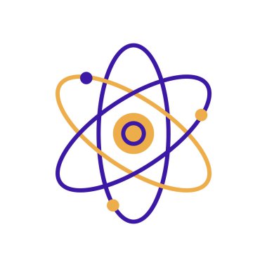 Atom technology icon with purple and orange duotone style. Computing, diagram, download, file, folder, graph, laptop . Vector illustration