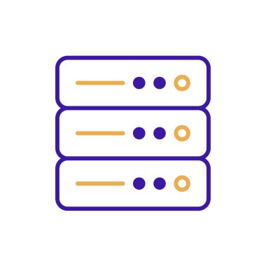 Server technology icon with purple and orange duotone style. Computing, diagram, download, file, folder, graph, laptop . Vector illustration