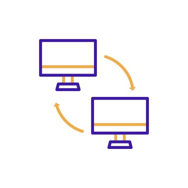 Sync technology icon with purple and orange duotone style. Computing, diagram, download, file, folder, graph, laptop . Vector illustration