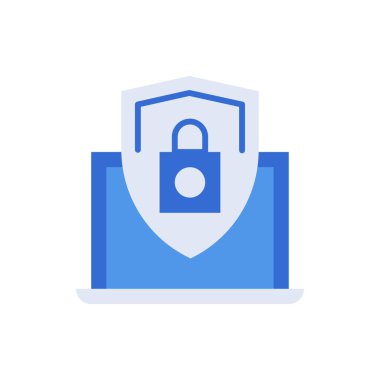 Online security technology icon with blue duotone style. Computing, diagram, download, file, folder, graph, laptop . Vector illustration