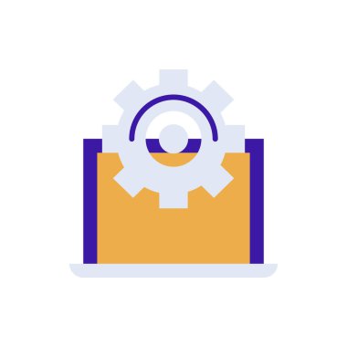 Setting technology icon with purple and orange duotone style. Computing, diagram, download, file, folder, graph, laptop . Vector illustration
