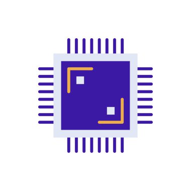 Electronic chip technology icon with purple and orange duotone style. Computing, diagram, download, file, folder, graph, laptop . Vector illustration