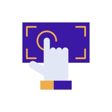 Touchscreen technology icon with purple and orange duotone style. Computing, diagram, download, file, folder, graph, laptop . Vector illustration