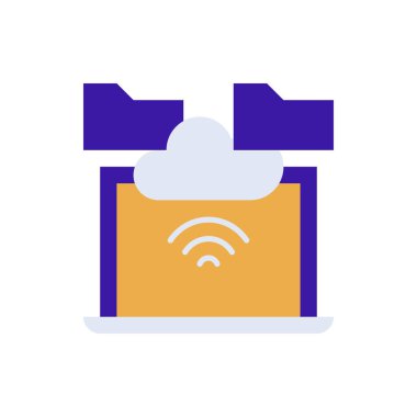 Cloud data technology icon with purple and orange duotone style. Computing, diagram, download, file, folder, graph, laptop . Vector illustration