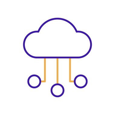 Cloud storage technology icon with purple and orange duotone style. Computing, diagram, download, file, folder, graph, laptop . Vector illustration