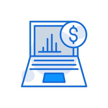 Financial Analytics business icon with blue duotone style. Corporate, currency, database, development, discover, document, e commerce. Vector illustration