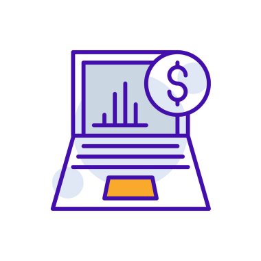 Financial Analytics business icon with purple and orange duotone style. Corporate, currency, database, development, discover, document, e commerce. Vector illustration