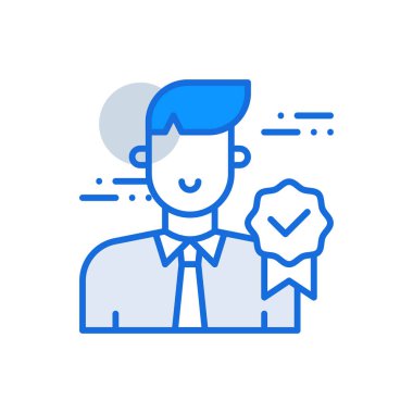 Qualification business people icon with blue duotone style. Warranty, stamp, professional, course, paper, certification, scholarship. Vector illustration