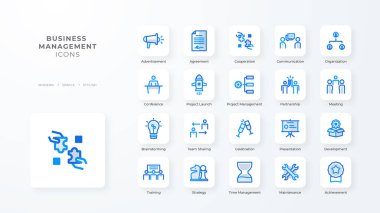 Business management icon collection with blue duotone style. Corporate, currency, database, development, discover, document, e commerce. Vector illustration