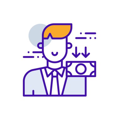 Low Income business people icon with purple and orange duotone style. Finance, money, price, financial, sign, cost, reduction. Vector illustration