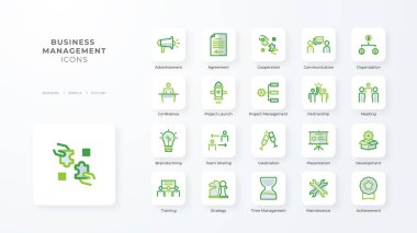 Business management icon collection with green duotone style. Corporate, currency, database, development, discover, document, e commerce. Vector illustration