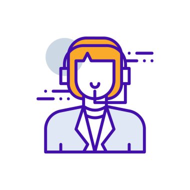 Customer Service business people icon with purple and orange duotone style. Help, support, contact, center, person, call, phone. Vector illustration