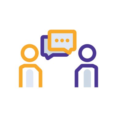 Communication business management icon with purple and orange duotone style. Support, connection, interface, conversation, laptop, telephone, online. Vector illustration