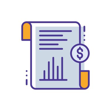 Income Statement business management icon with purple and orange duotone style. Profit, money, balance, management, sheet, paper, investment. Vector illustration