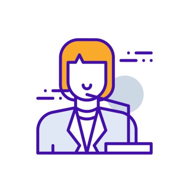 Speech business people icon with purple and orange duotone style. Message, talk, communication, bubble, speak, dialog, discussion. Vector illustration