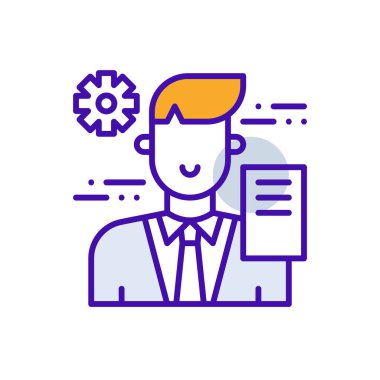 Productivity business people icon with purple and orange duotone style. Support, industrial, innovation, development, industry, performance, system. Vector illustration