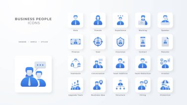 Business people icon collection with blue duotone style. Corporate, currency, database, development, discover, document, e commerce. Vector illustration