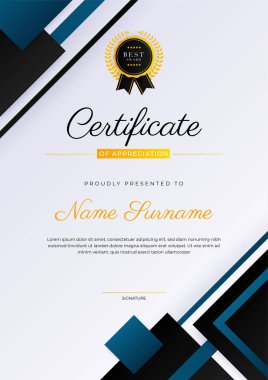 Modern blue and black certificate of achievement award template with badge and border for business and corporate