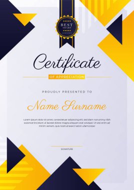 Modern black and yellow certificate of achievement award template with badge and border for business and corporate