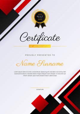 Modern black and red certificate of achievement award template with badge and border for business and corporate