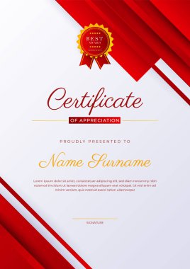 Modern red certificate of achievement award template with badge and border for business and corporate