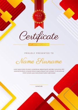 Modern red and orange certificate of achievement award template with badge and border for business and corporate