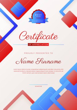 Modern red and blue certificate of achievement award template with badge and border for business and corporate