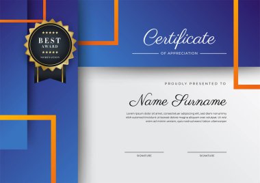 Modern blue and orange certificate of achievement award template with badge and border for business and corporate