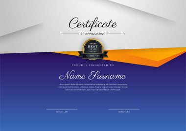 Modern blue and orange certificate of achievement award template with badge and border for business and corporate