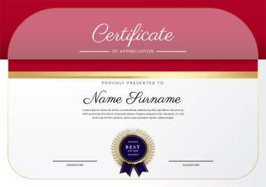 Modern red and white certificate of achievement award template with badge and border for business and corporate