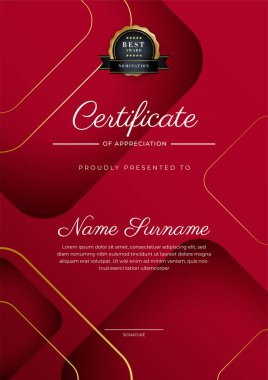 Modern red and white certificate of achievement award template with badge and border for business and corporate