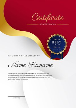 Modern red and white certificate of achievement award template with badge and border for business and corporate