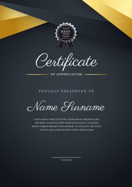 Modern black and gold certificate of achievement award template with badge and border for business and corporate