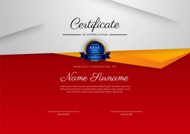 Modern red and orange certificate of achievement award template with badge and border for business and corporate