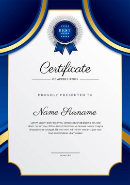 Modern blue and gold certificate of achievement award template with badge and border for business and corporate