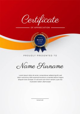 Modern red and orange certificate of achievement award template with badge and border for business and corporate