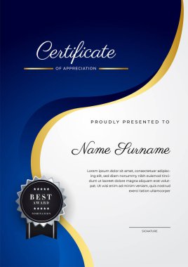 Modern blue and gold certificate of achievement award template with badge and border for business and corporate