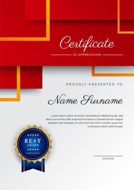 Modern red and yellow orange certificate of achievement award template with badge and border for business and corporate