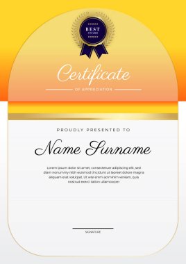 Modern orange certificate of achievement award template with badge and border for business and corporate