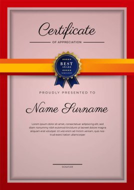 Modern red and orange certificate of achievement award template with badge and border for business and corporate