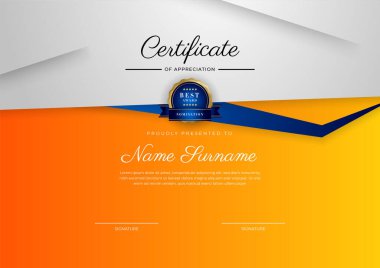 Modern orange and blue certificate of achievement award template with badge and border for business and corporate