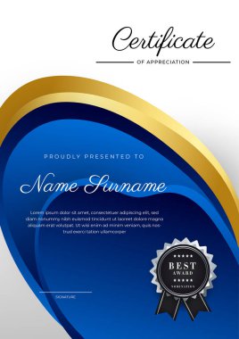 Modern blue and gold certificate of achievement award template with badge and border for business and corporate