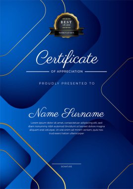 Modern blue certificate of achievement award template with badge and border for business and corporate