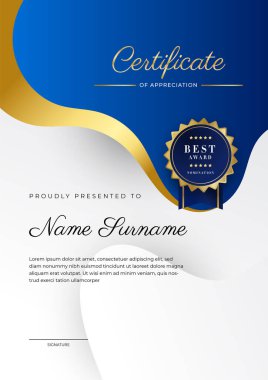 Modern blue and gold certificate of achievement award template with badge and border for business and corporate